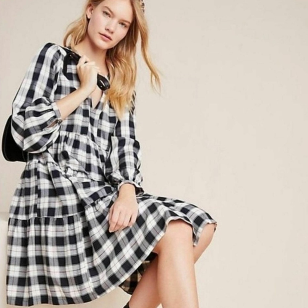MAEVE for Anthropologie Plaid Tiered Tunic Dress